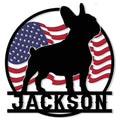 French Bulldog metal sign featuring a bold dog silhouette over a waving American flag design