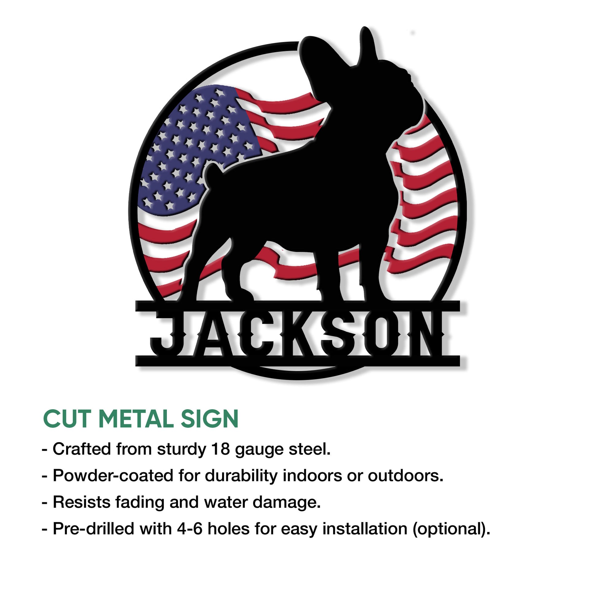 French Bulldog cut metal sign shown with a patriotic flag background and product feature details