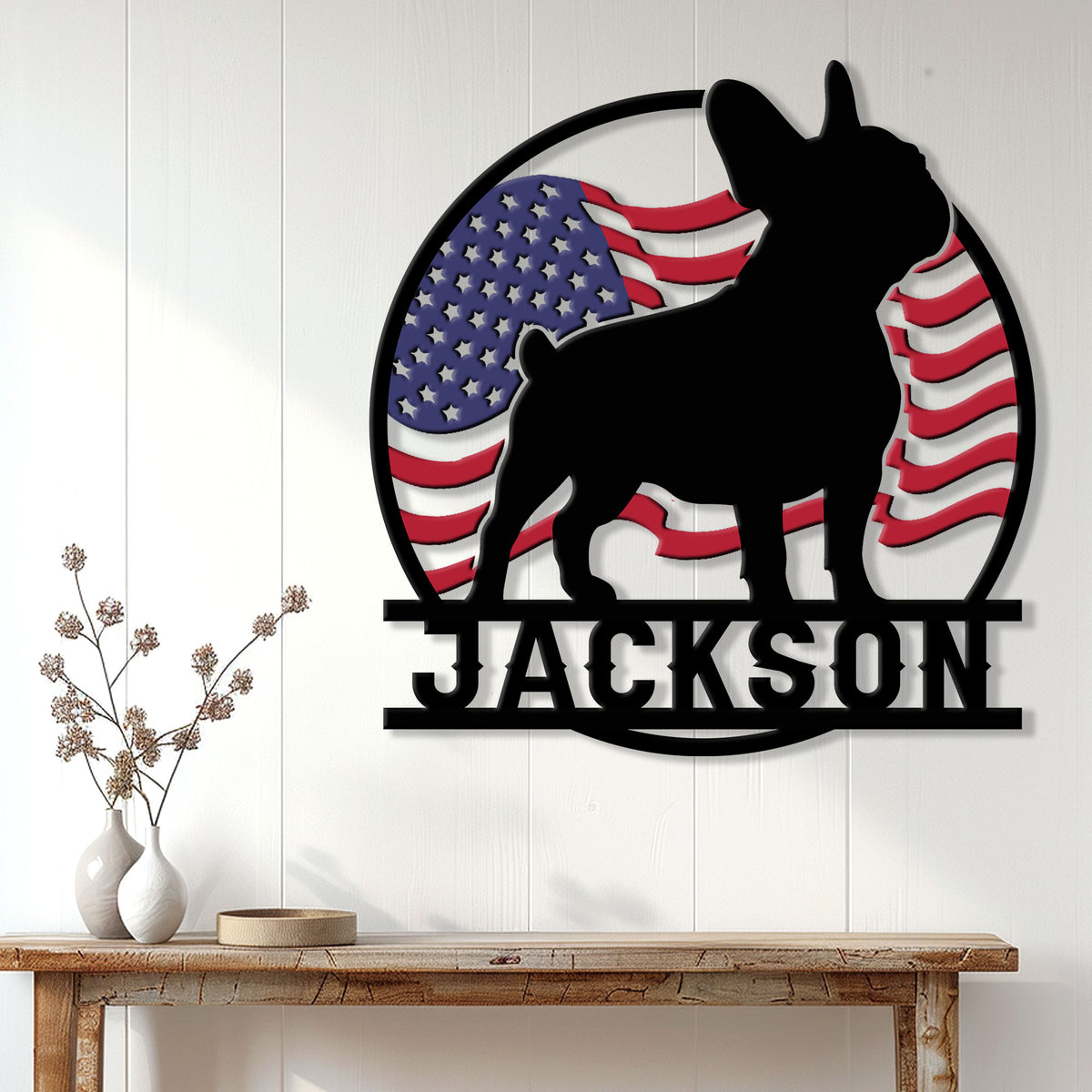 French Bulldog patriotic metal wall sign displayed above a console table in a bright home