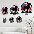 French Bulldog metal sign size guide showing multiple available dimensions on a living room wall