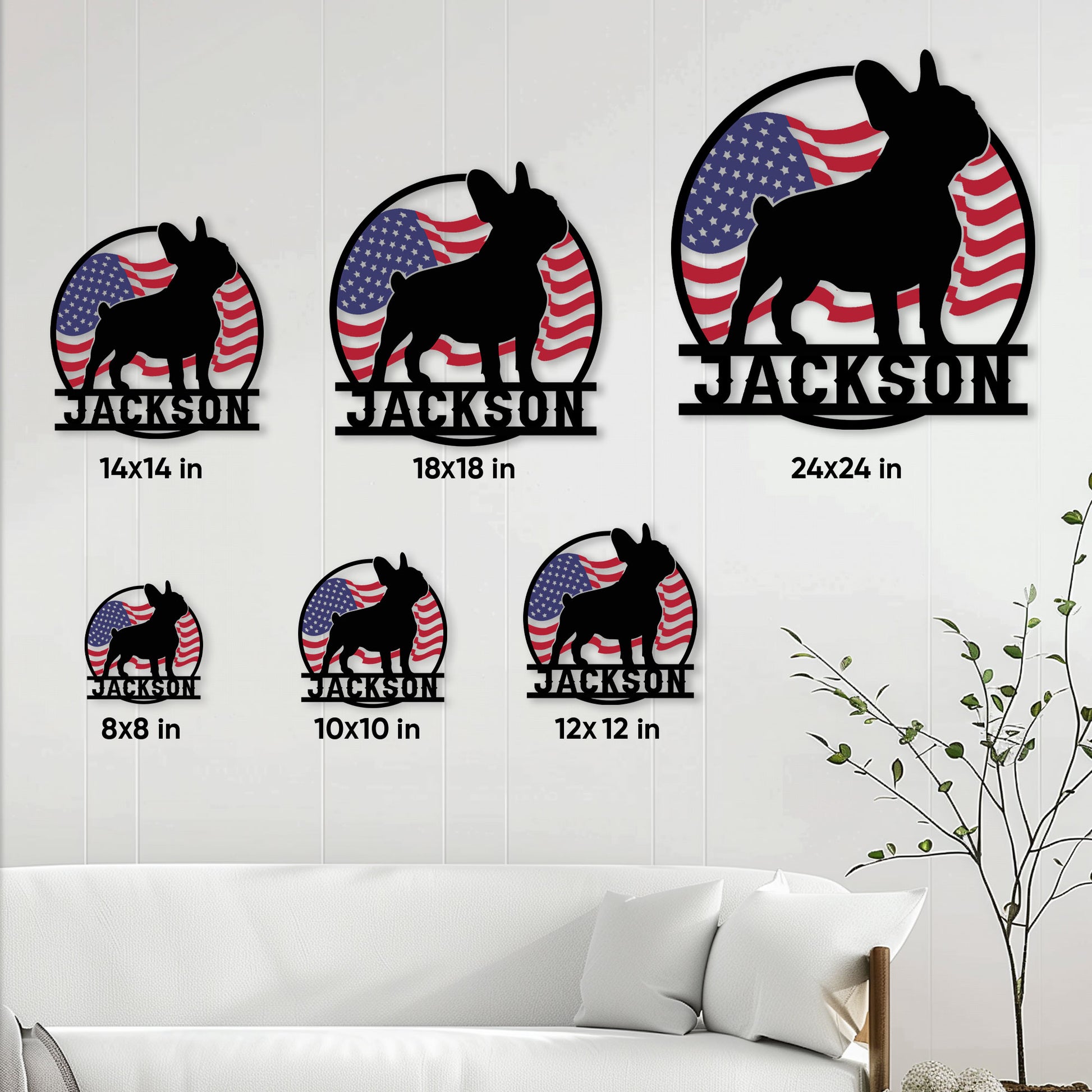 French Bulldog metal sign size guide showing multiple available dimensions on a living room wall