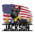 Custom Scottish Terrier metal sign featuring a patriotic American flag, bow tie, plaid scarf, and daffodils