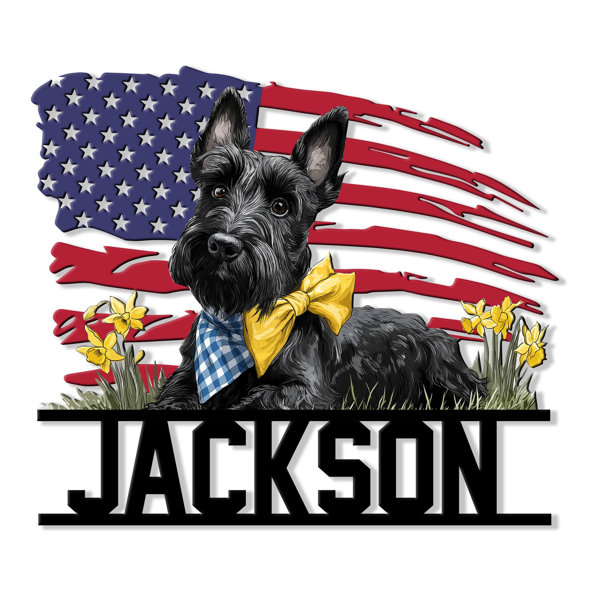 Custom Scottish Terrier metal sign featuring a patriotic American flag, bow tie, plaid scarf, and daffodils