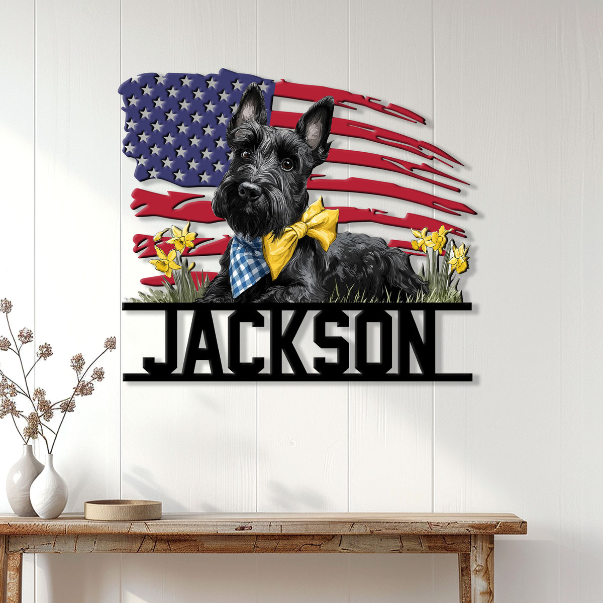 Scottish Terrier wall sign displayed on white paneling above a console table in a bright home entryway