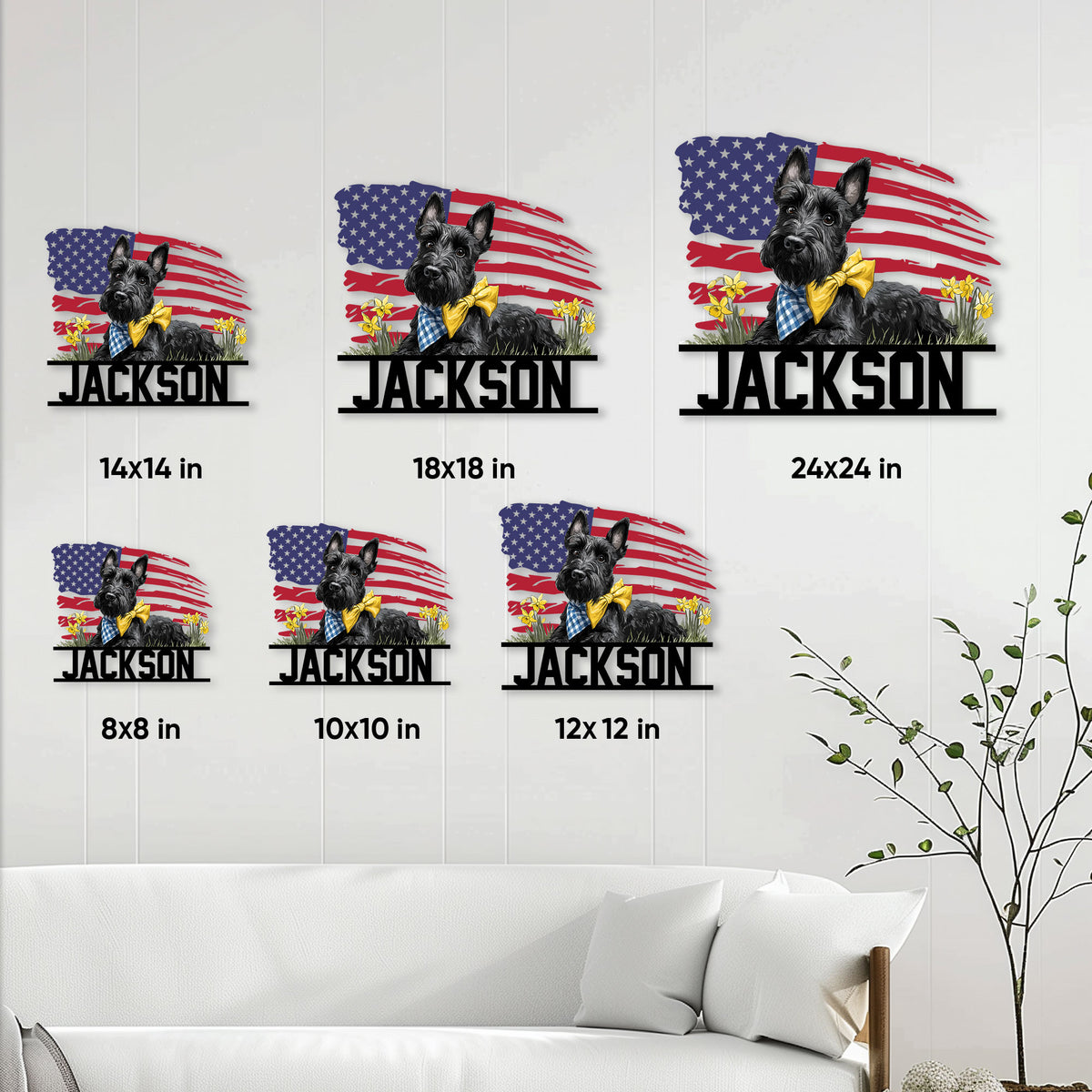 Scottish Terrier metal sign size guide showing multiple display sizes in a living room setting