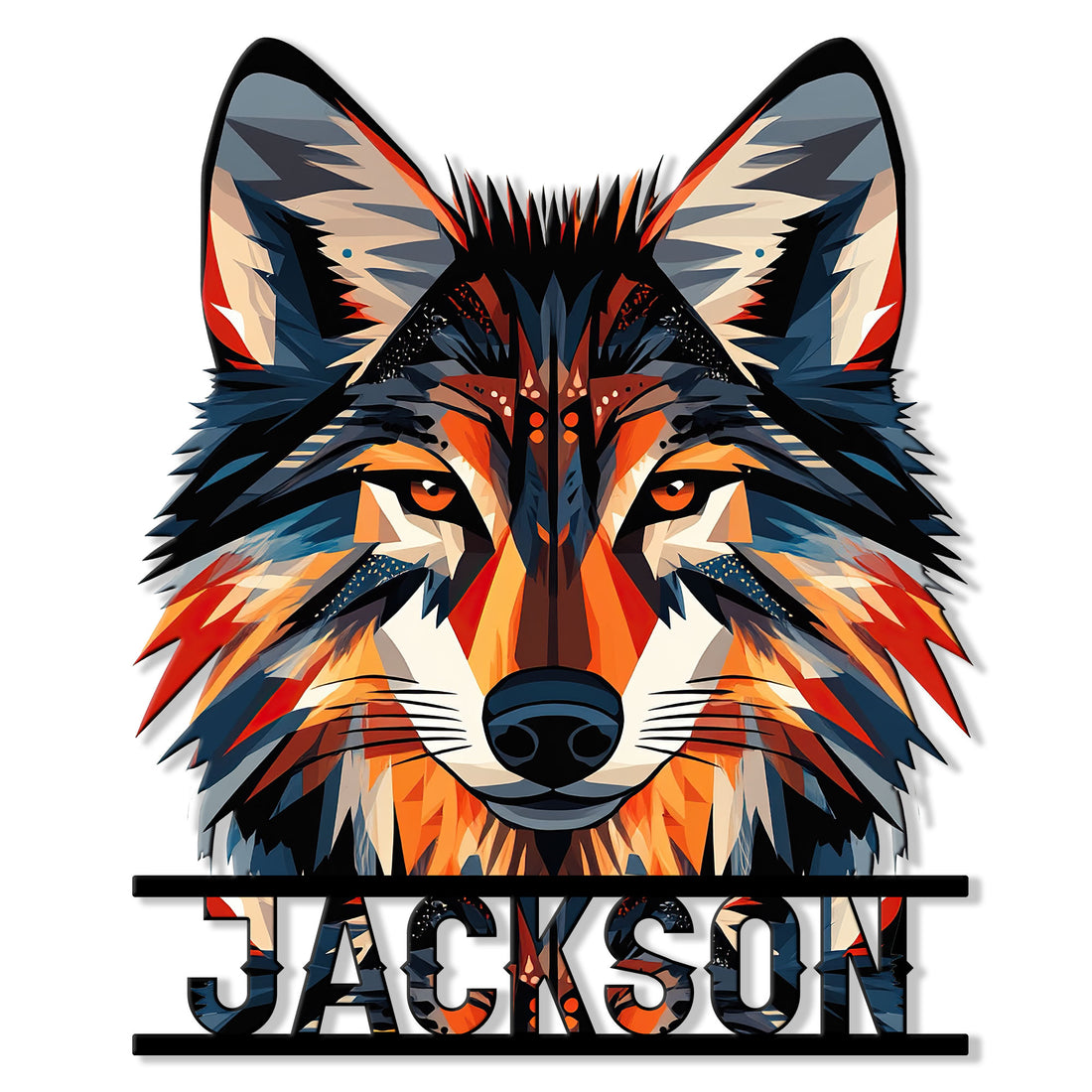 Colorful geometric wolf portrait metal sign with bold black rails and a striking wildlife-inspired design