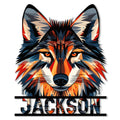 Colorful geometric wolf portrait metal sign with bold black rails and a striking wildlife-inspired design