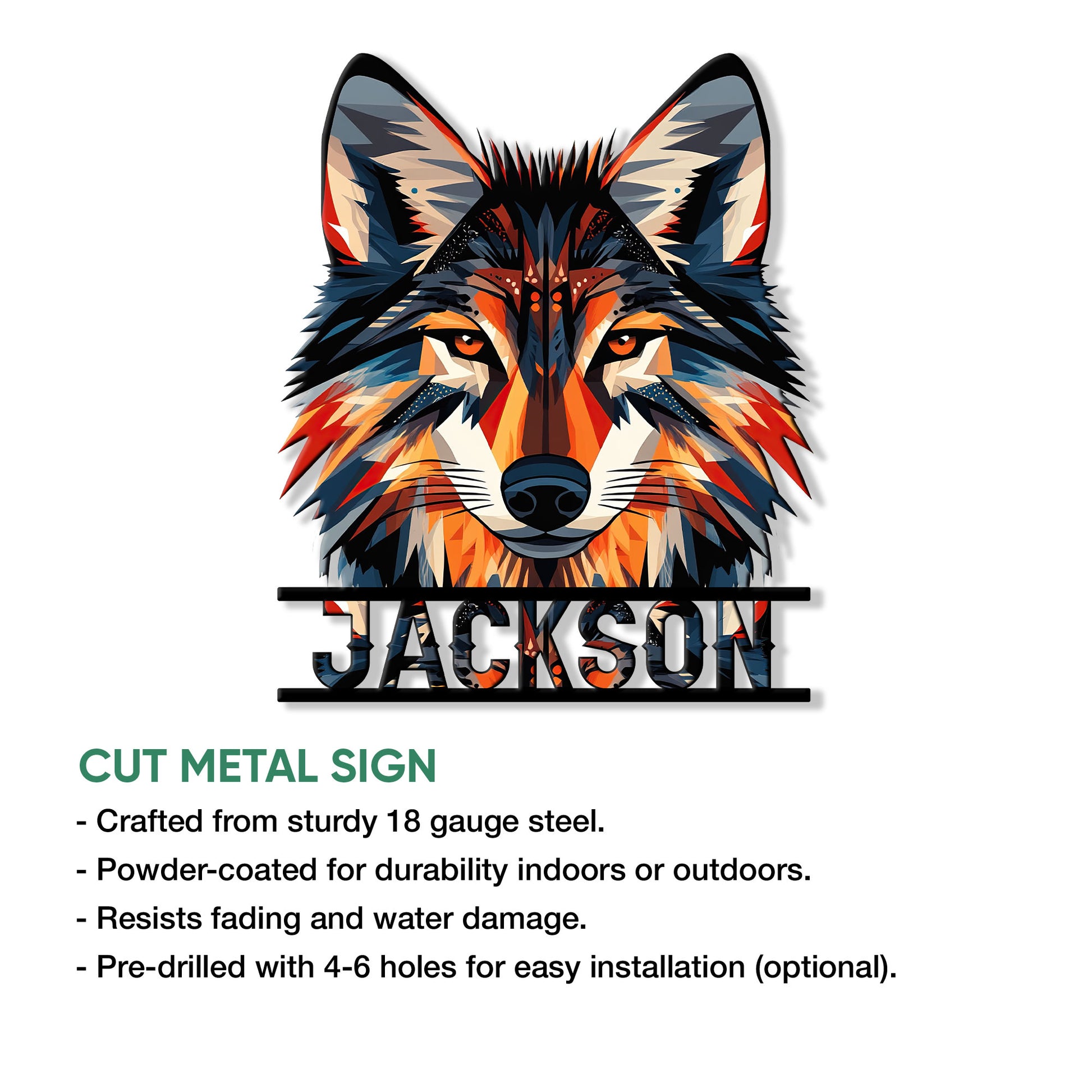 Wolf metal sign feature graphic showing the colorful portrait and cut-metal sign presentation