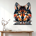 Colorful wolf portrait metal sign displayed as statement wall decor above a wood console table