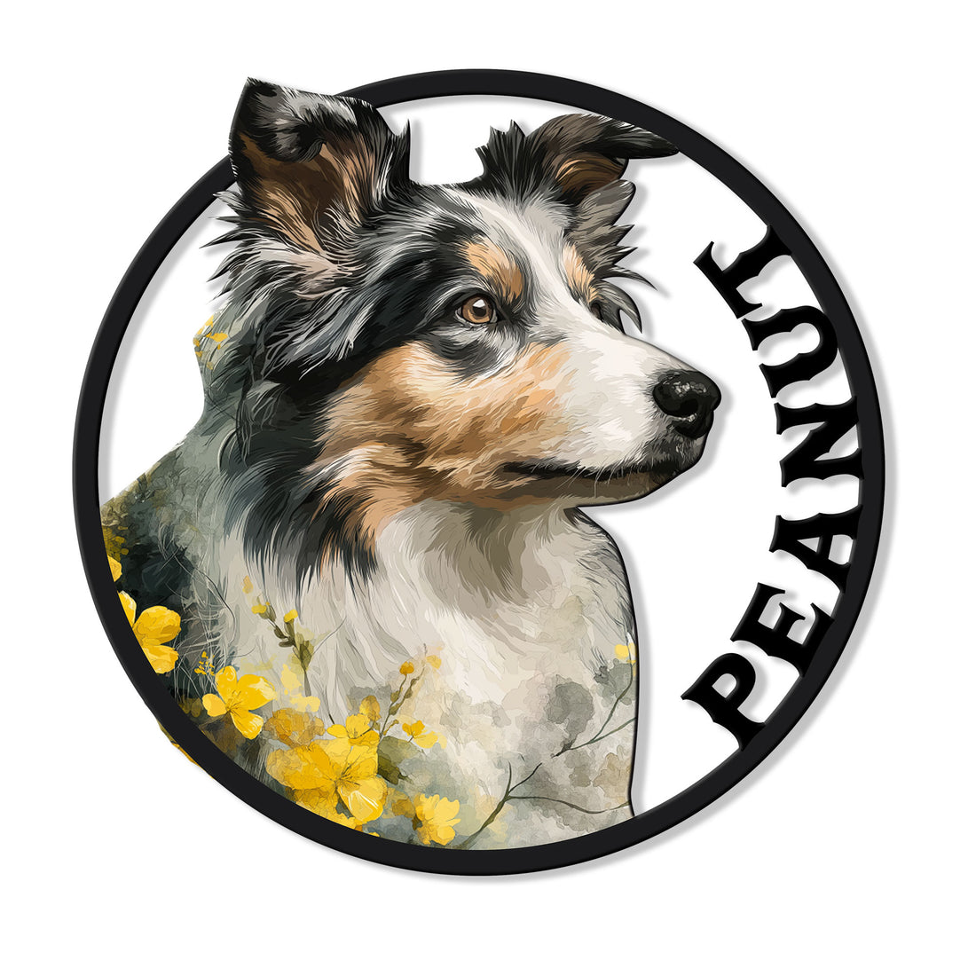 Circular metal sign featuring a detailed Rough Collie portrait framed by yellow flowers and a bold black border