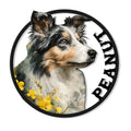 Circular metal sign featuring a detailed Rough Collie portrait framed by yellow flowers and a bold black border