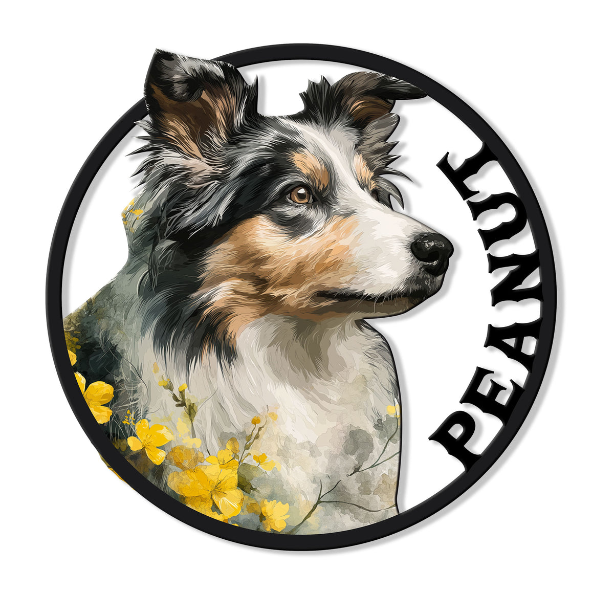 Circular metal sign featuring a detailed Rough Collie portrait framed by yellow flowers and a bold black border