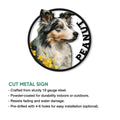 Rough Collie metal sign shown with a cut-metal sign feature graphic and illustrated dog portrait