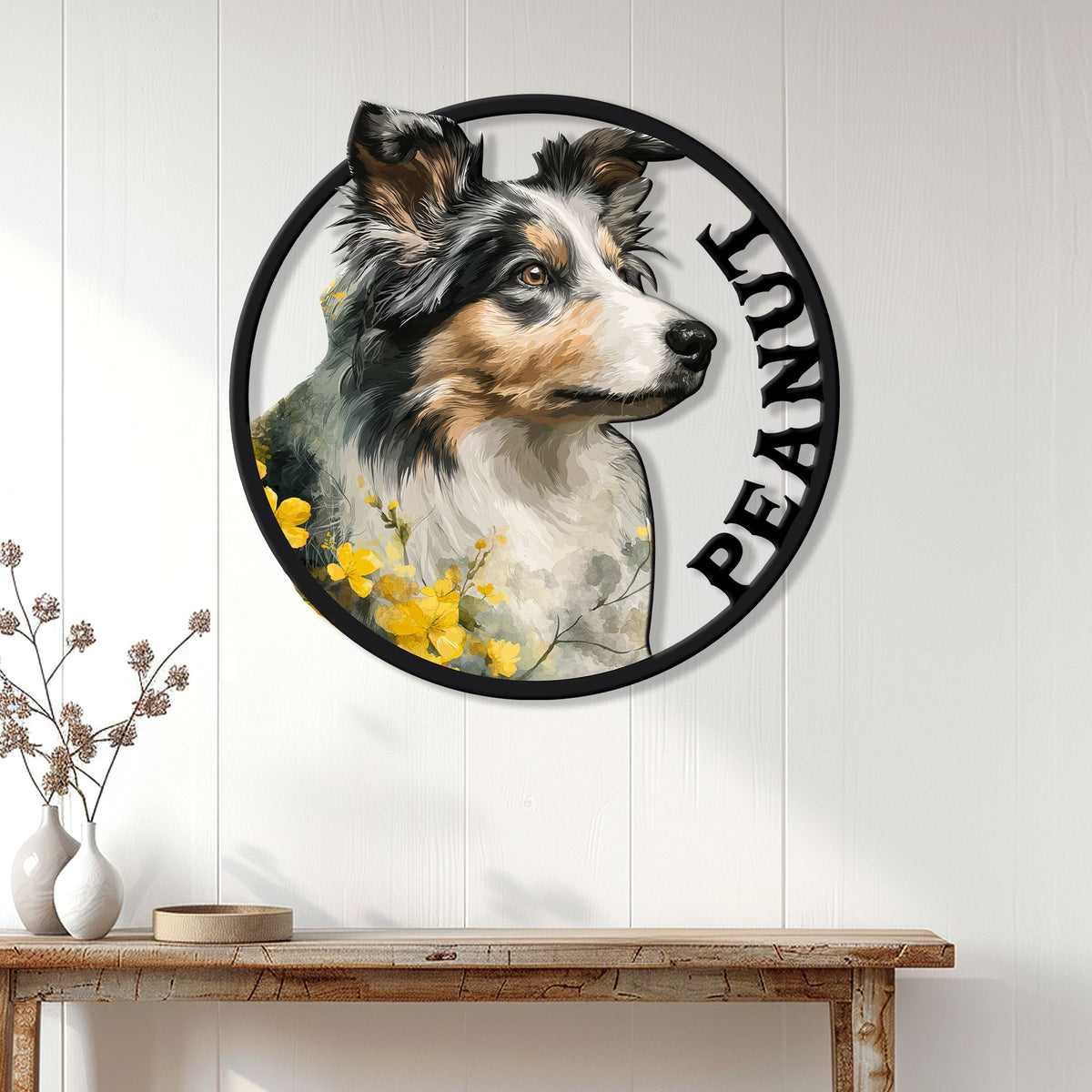 Rough Collie wall sign displayed on a white paneled wall above a wooden console table