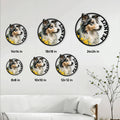 Rough Collie metal sign size guide showing six circular size options in a living room setting