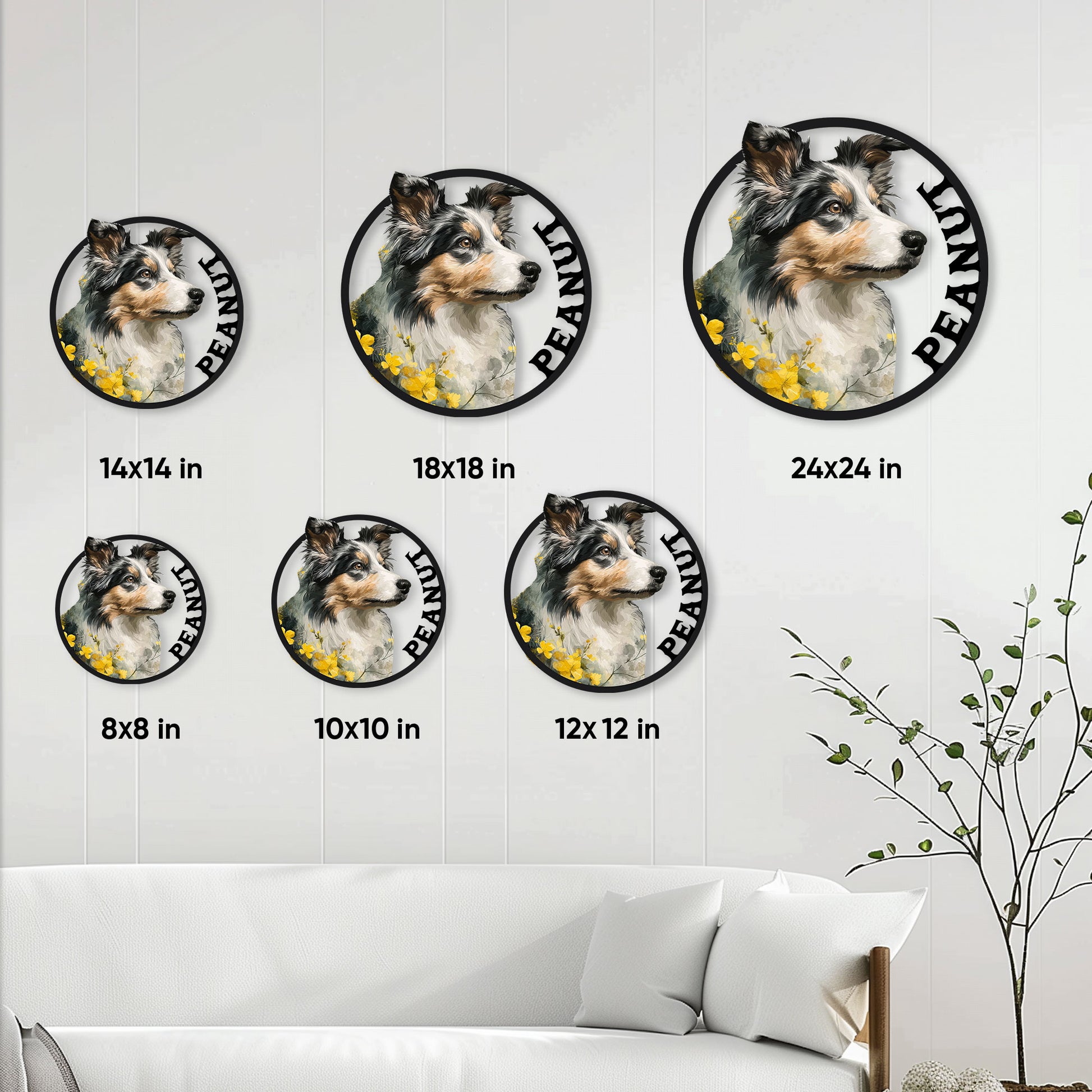 Rough Collie metal sign size guide showing six circular size options in a living room setting