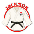 Custom karate metal sign featuring a white gi, black belt, red circle, and bold martial arts design