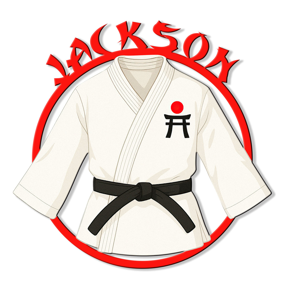Custom karate metal sign featuring a white gi, black belt, red circle, and bold martial arts design