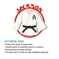Karate gi metal sign shown with cut-metal sign features and indoor or outdoor display details