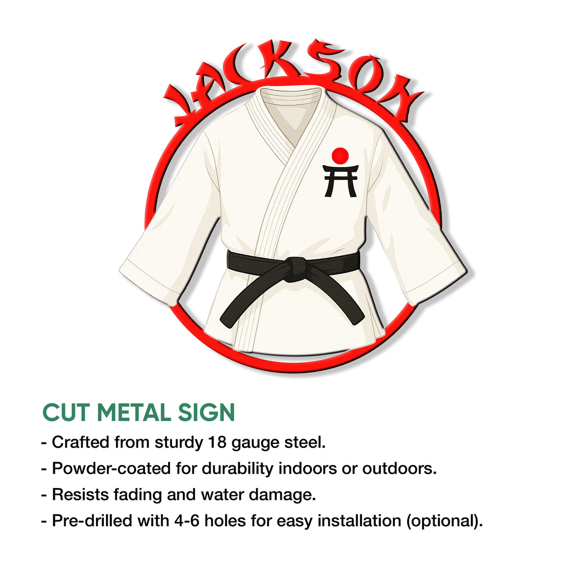 Karate gi metal sign shown with cut-metal sign features and indoor or outdoor display details