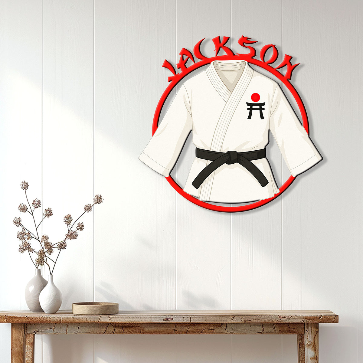 Karate metal wall sign displayed above a console table in a bright modern home interior