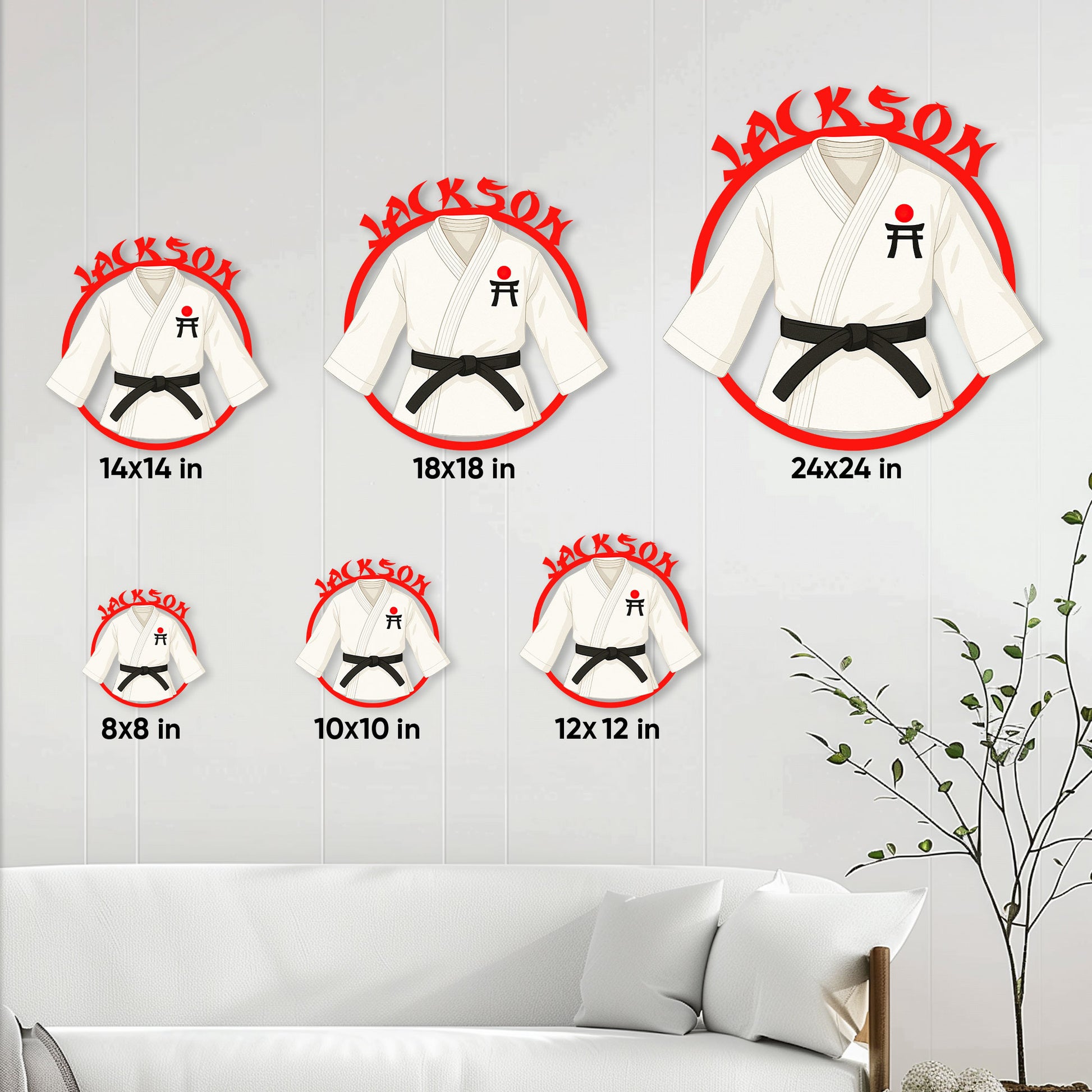 Karate metal sign size guide showing available square sizes from 8 by 8 to 24 by 24 inches