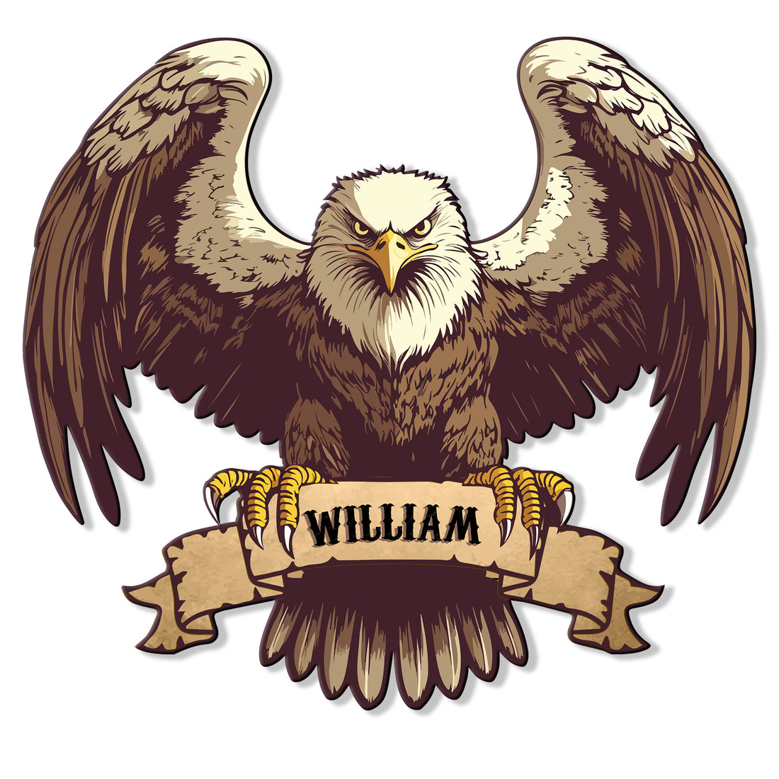 Custom bald eagle metal sign featuring a dramatic spread-wing eagle and decorative scroll banner