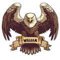 Custom bald eagle metal sign featuring a dramatic spread-wing eagle and decorative scroll banner