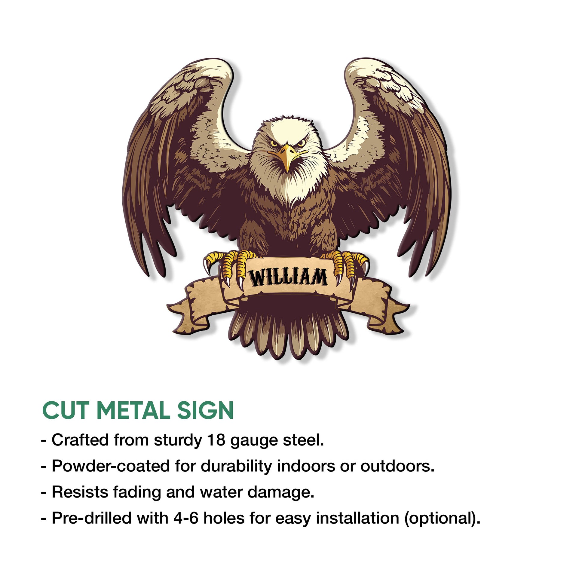 Bald eagle cut metal sign shown with product feature details for indoor or outdoor display