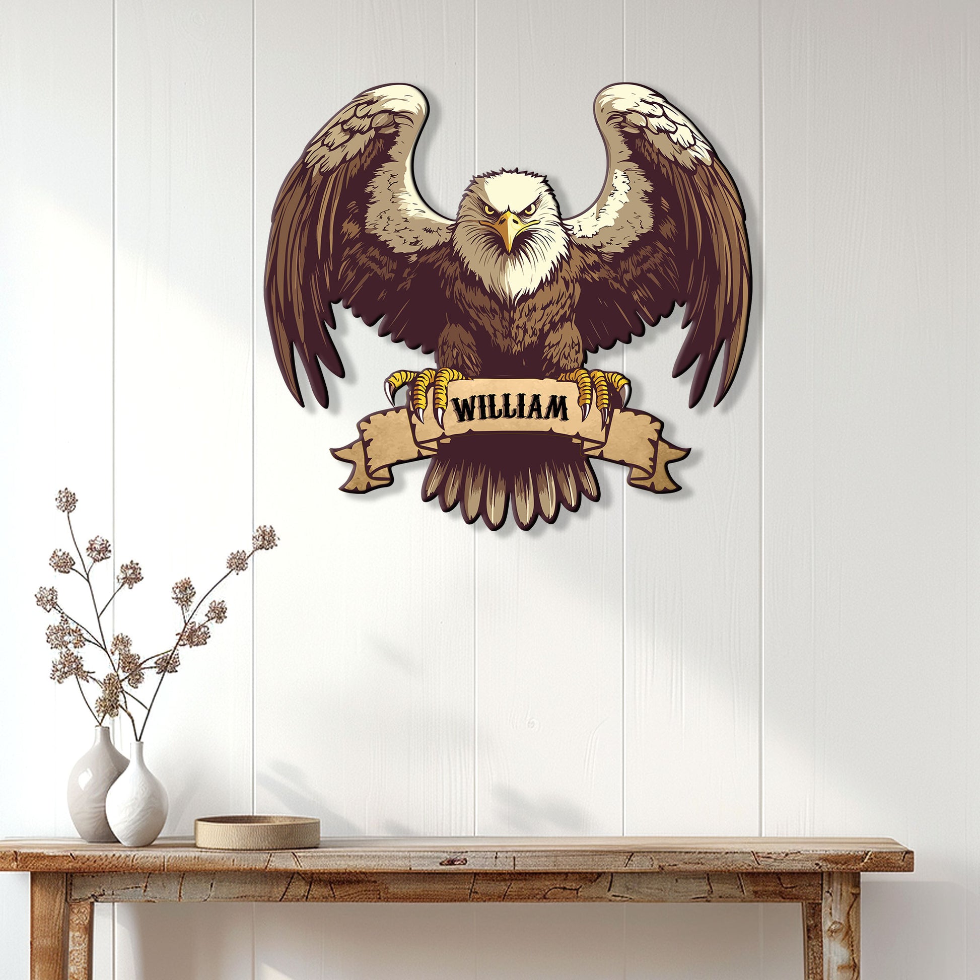 Bald eagle wall sign displayed above a console table in a bright home entryway