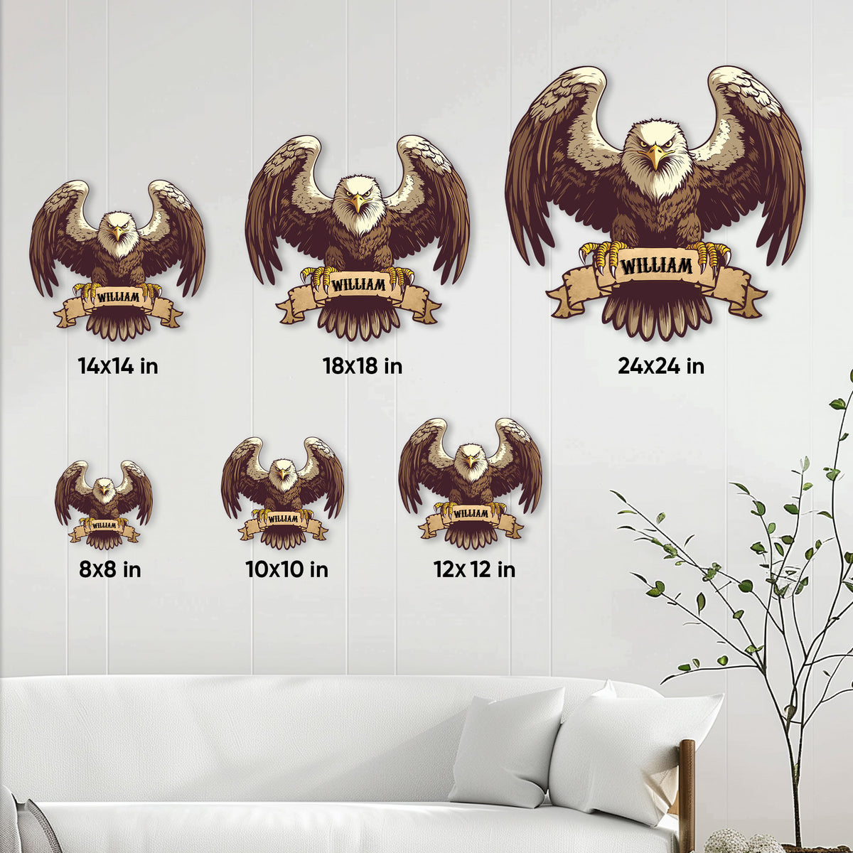 Bald eagle metal sign size guide showing multiple square size options in a living room