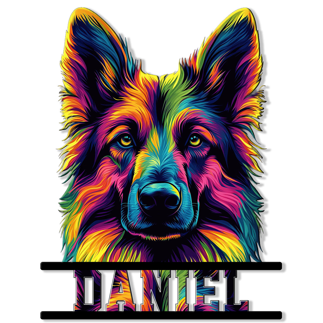 Colorful German Shepherd portrait cut metal sign with bold black bars and vibrant rainbow-style fur