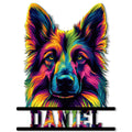Colorful German Shepherd portrait cut metal sign with bold black bars and vibrant rainbow-style fur