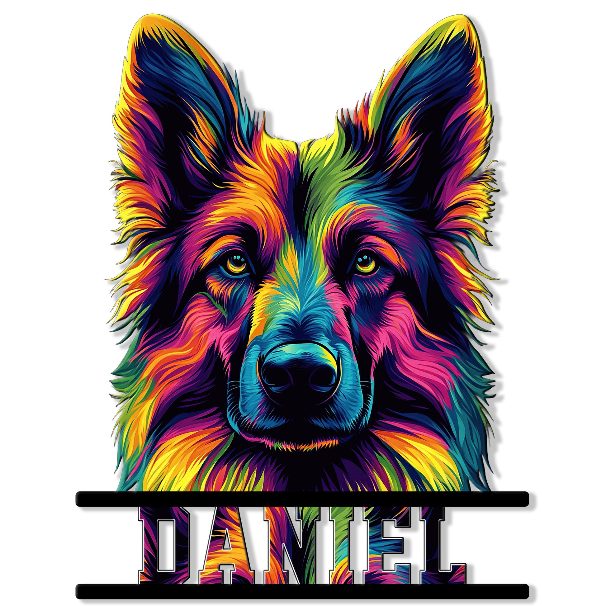 Colorful German Shepherd portrait cut metal sign with bold black bars and vibrant rainbow-style fur