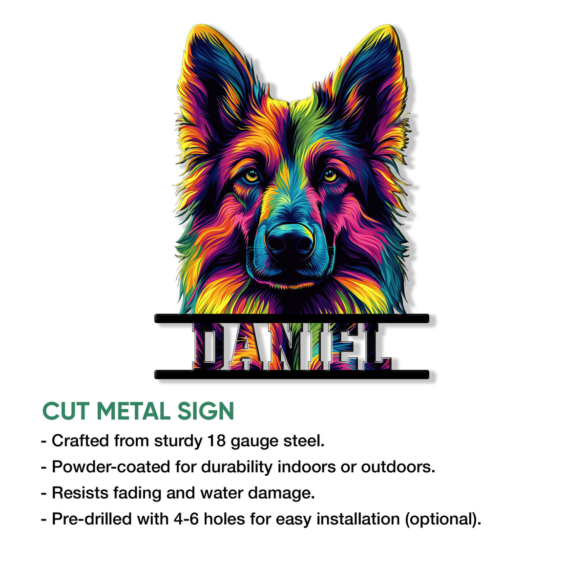 Vibrant German Shepherd metal sign shown with a cut-metal design feature guide
