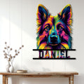 Colorful German Shepherd wall sign displayed above a console table in a bright home entryway