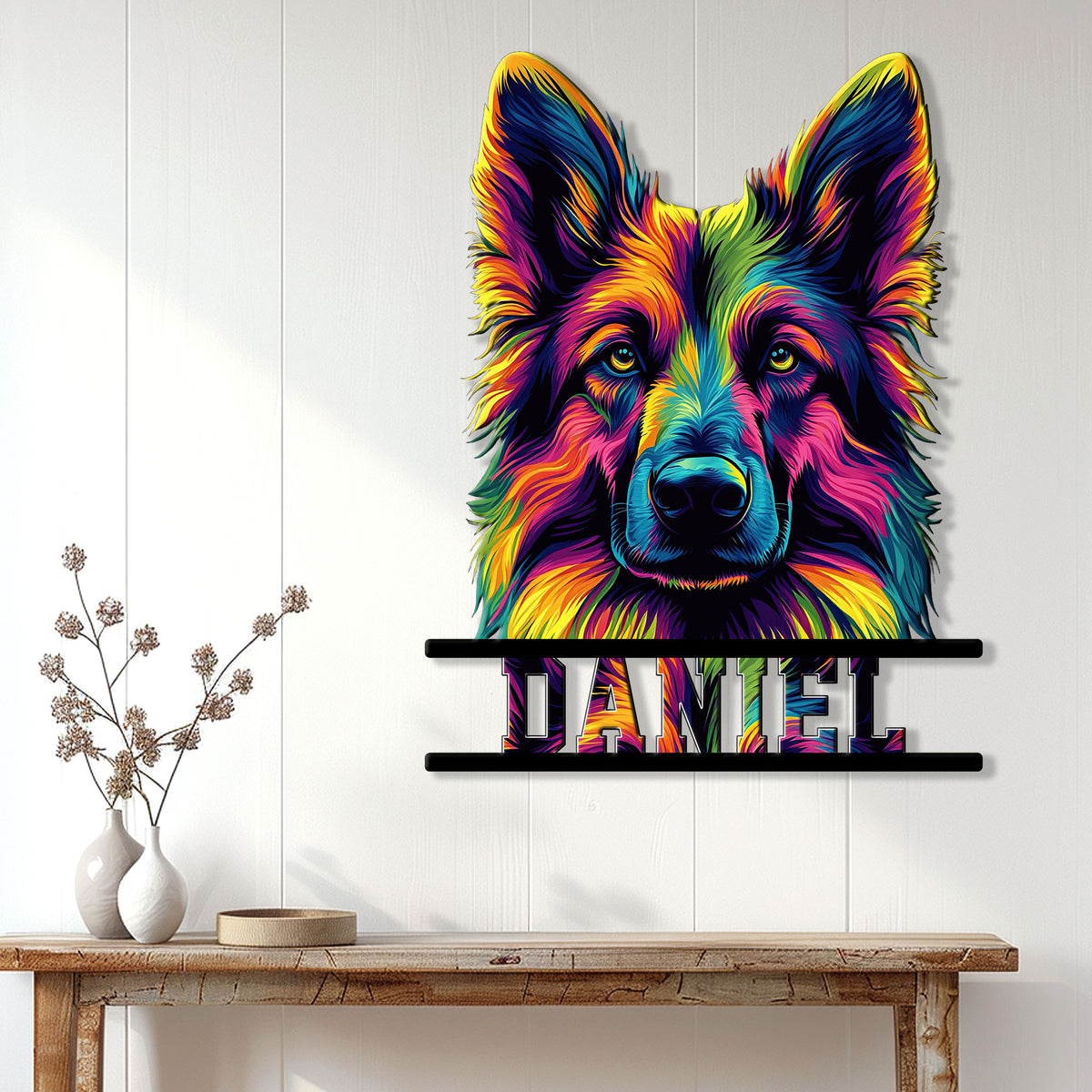 Colorful German Shepherd wall sign displayed above a console table in a bright home entryway
