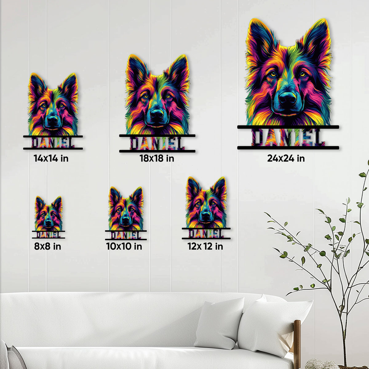 German Shepherd metal sign size guide showing six available square size options