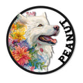 Floral Samoyed metal sign featuring a colorful watercolor-style portrait of a smiling white dog