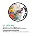 Samoyed metal sign feature graphic showing the floral dog portrait and available mounting options