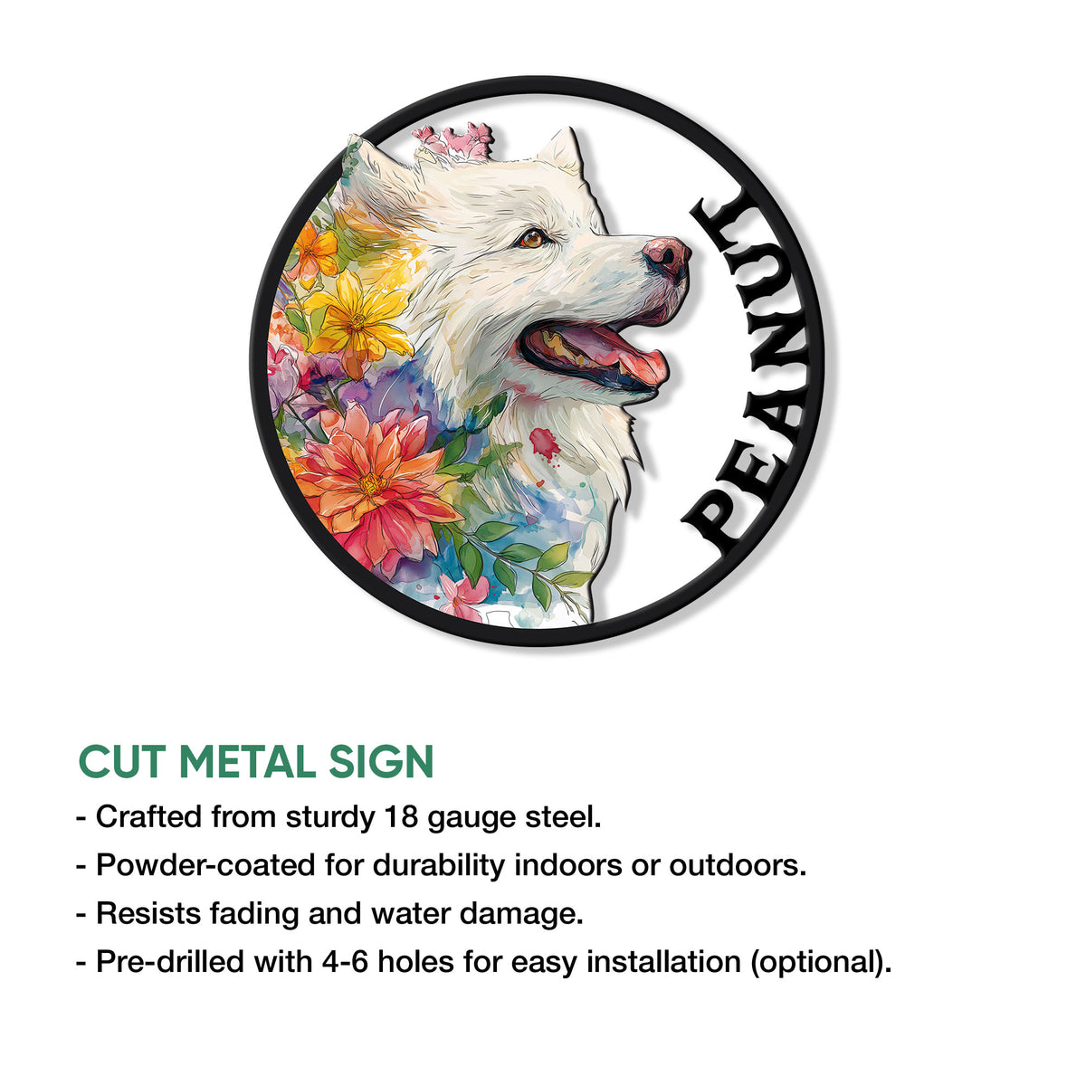 Samoyed metal sign feature graphic showing the floral dog portrait and available mounting options