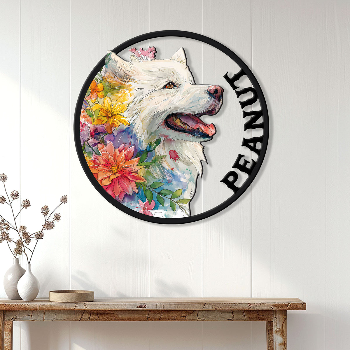 Floral Samoyed wall sign displayed on a white paneled wall above a wooden console table