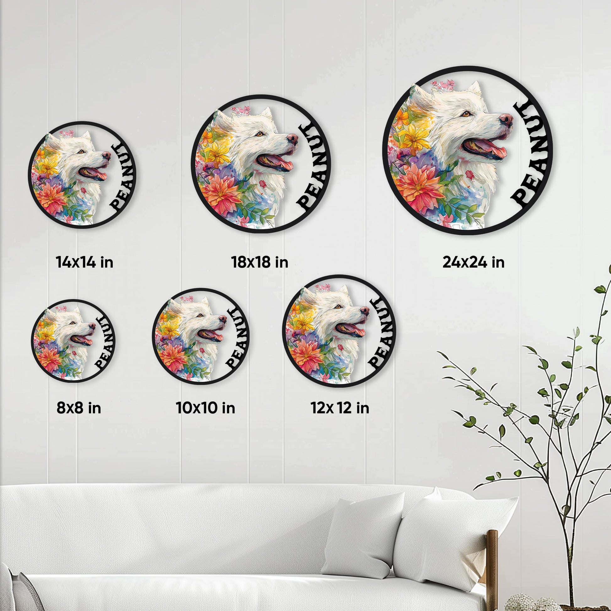 Samoyed metal sign size guide showing round design options from 8 by 8 to 24 by 24 inches