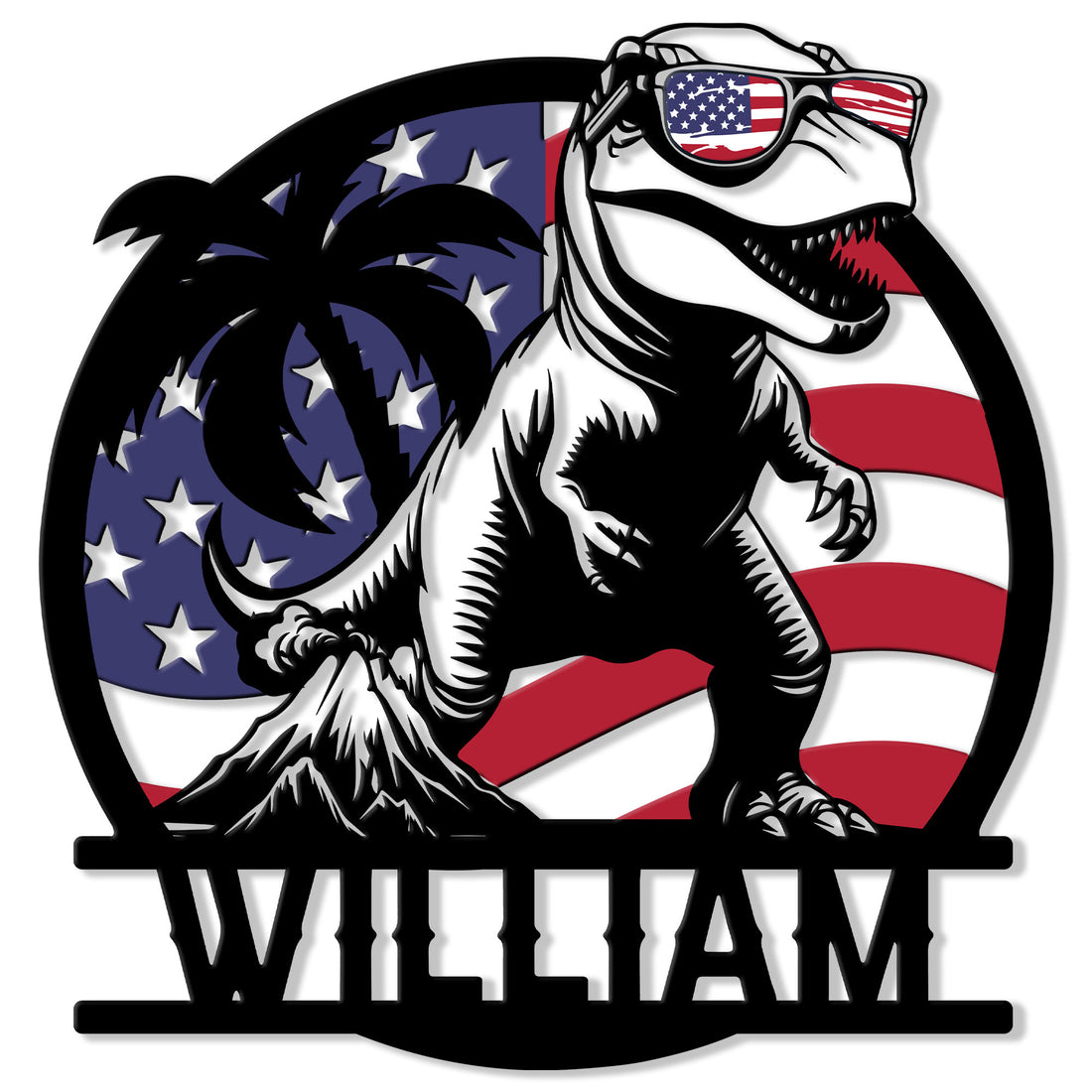 Patriotic T-Rex metal sign featuring sunglasses, an American flag backdrop, and bold dinosaur artwork