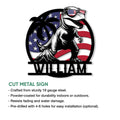 T-Rex cut metal sign feature graphic showing patriotic artwork and product detail callouts