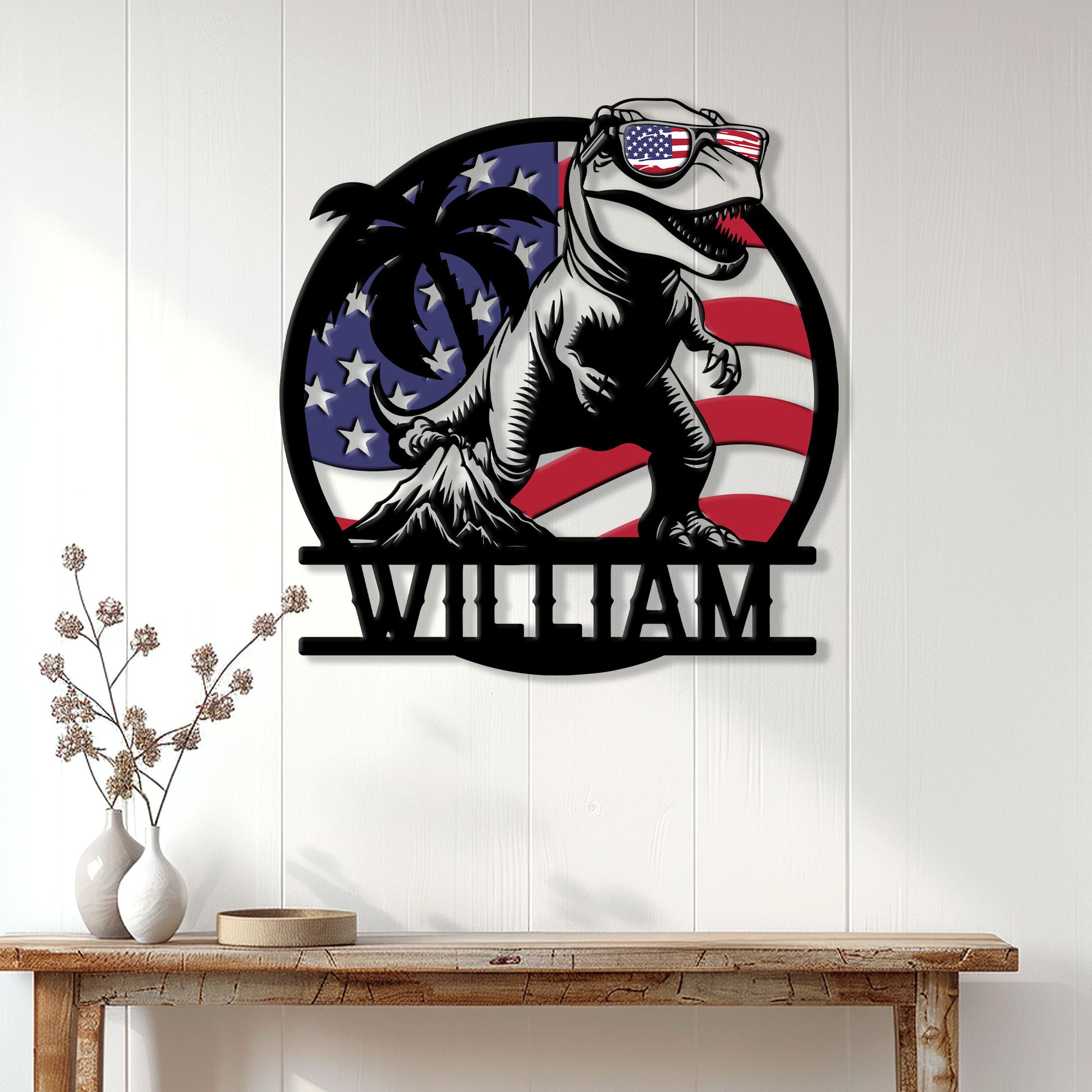 Patriotic dinosaur metal wall sign displayed on a light wood-paneled wall above a console table
