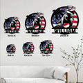 T-Rex dinosaur metal sign shown in multiple size options on a bright modern living room wall