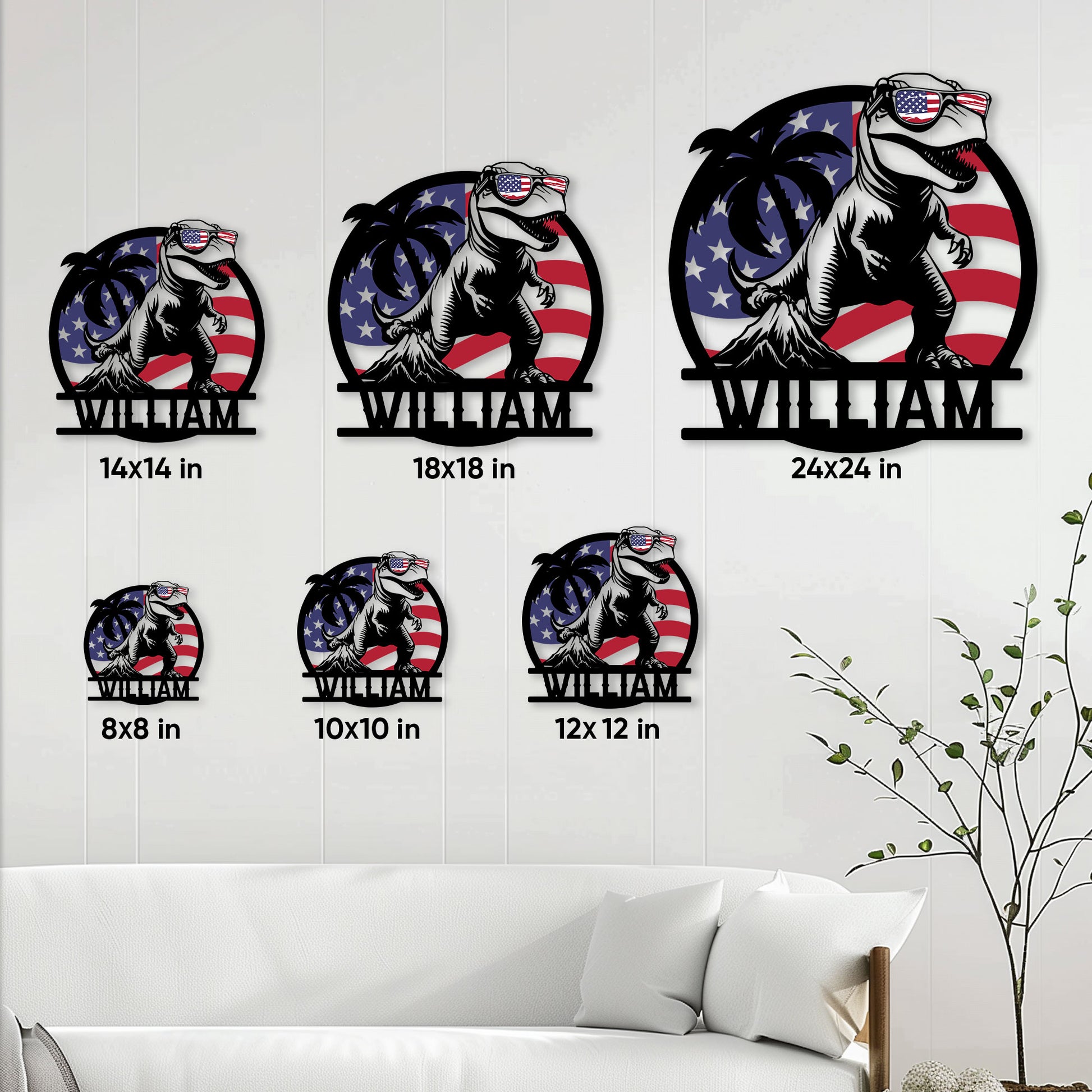 T-Rex dinosaur metal sign shown in multiple size options on a bright modern living room wall