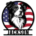 Custom Border Collie metal sign featuring a detailed dog portrait over an American flag background