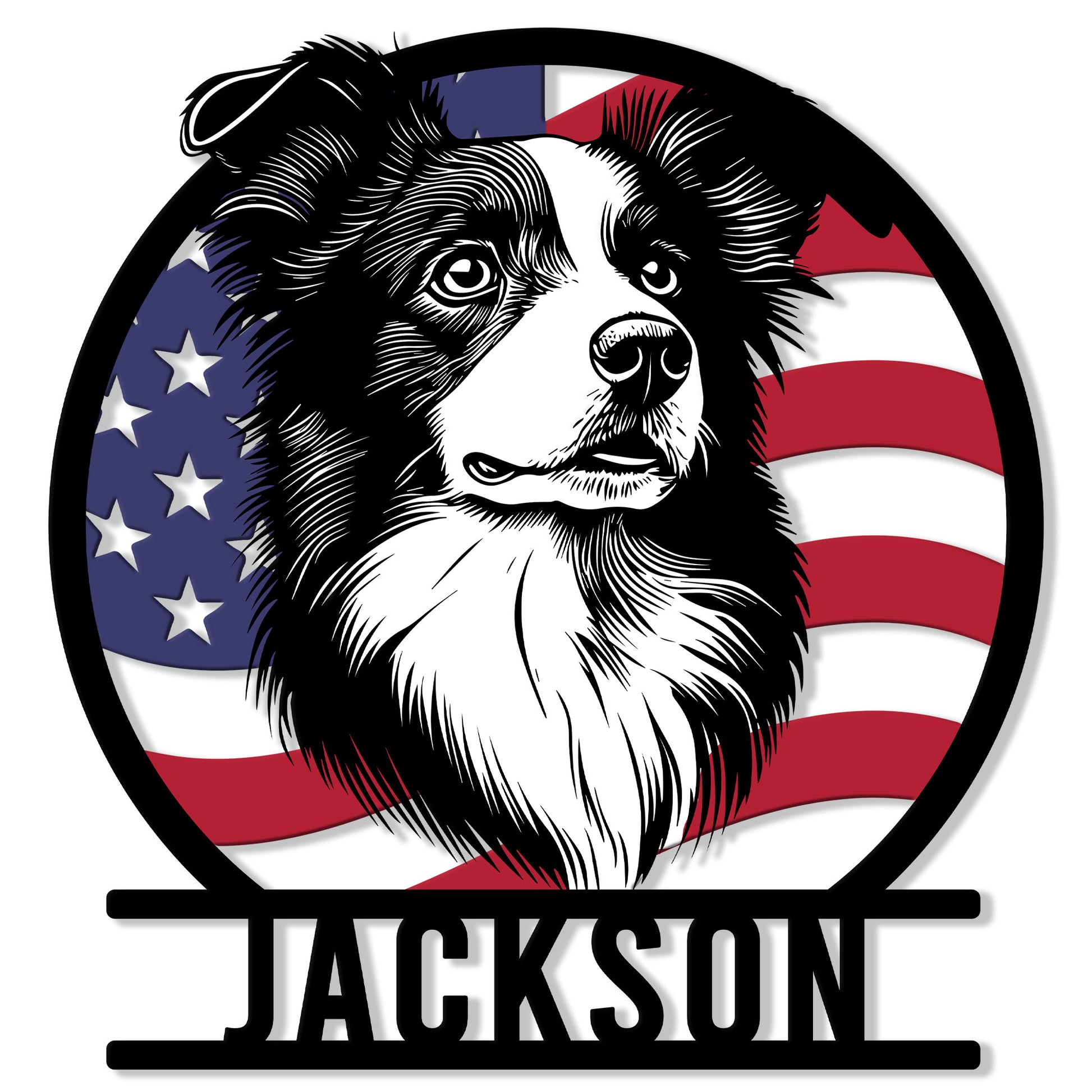 Custom Border Collie metal sign featuring a detailed dog portrait over an American flag background